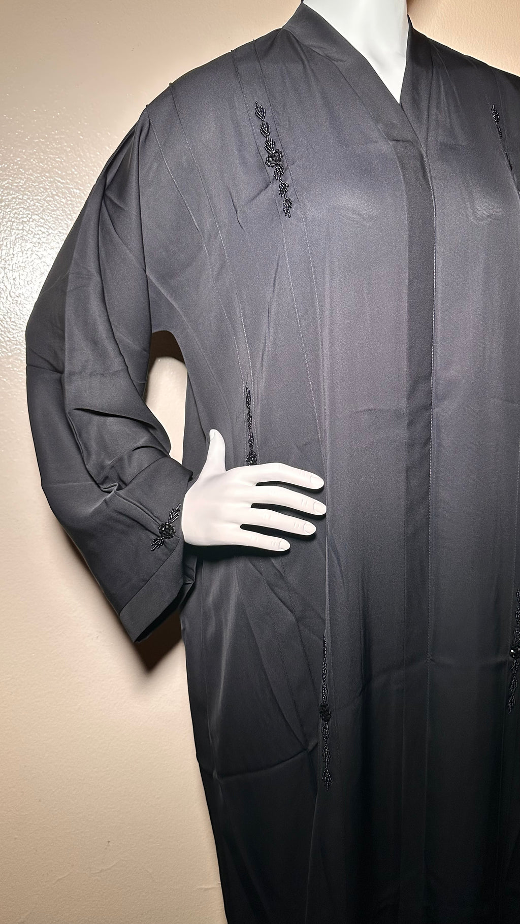 Black Abaya With Black Bead Detailing.