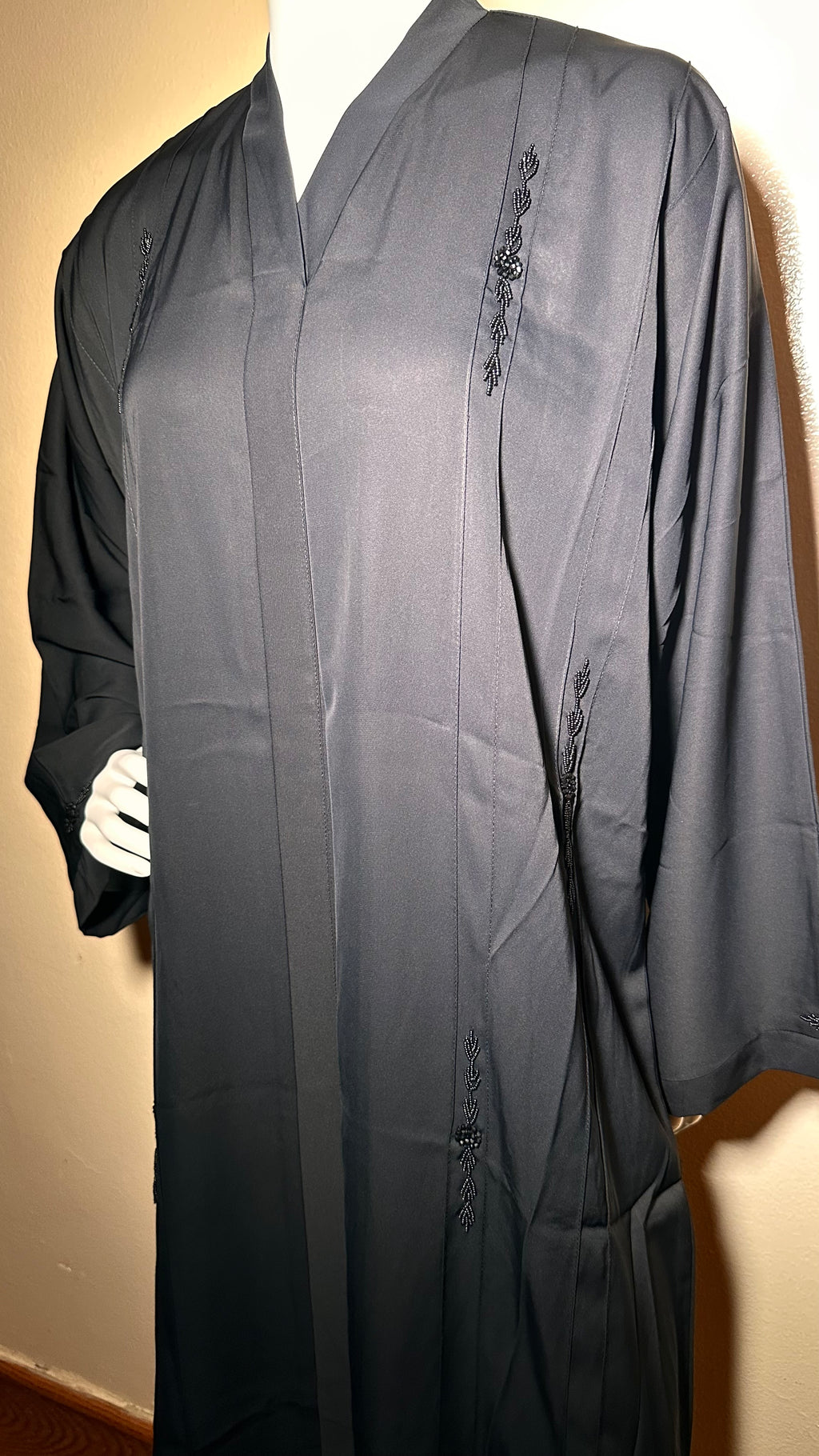 Black Abaya With Black Bead Detailing.