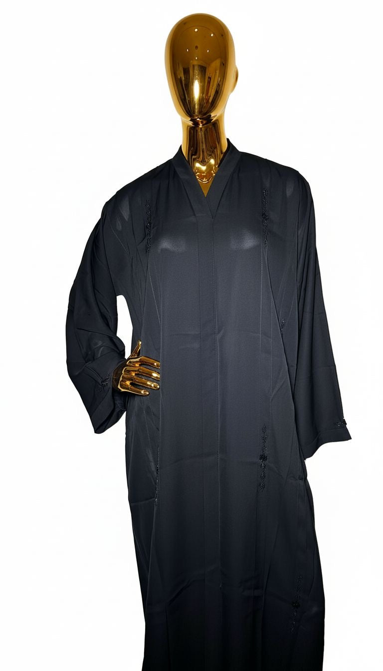 Black Abaya With Black Bead Detailing.